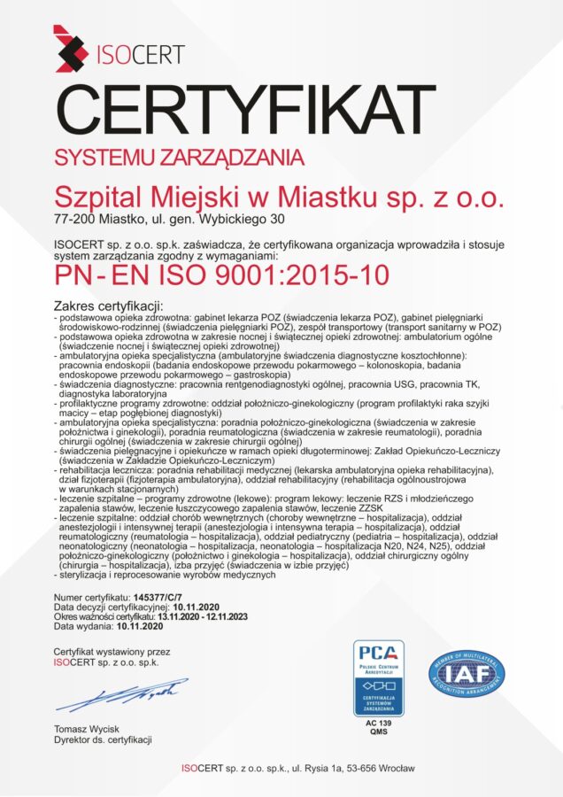 Szpital Miejski w Miastku PN- EN ISO 9001 2015-10 Szpital Miejski w Miastku PN- EN ISO 9001 2015-10