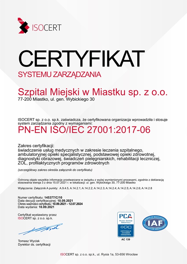 Szpital Miejski w Miastku ISMS ponowna, 2021-1 Szpital Miejski w Miastku ISMS ponowna, 2021-1